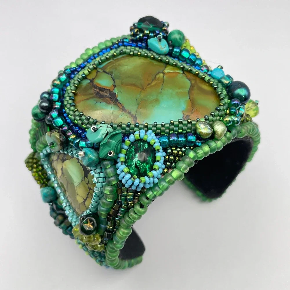 LARGE‎ Beaded Turquoise Boho Cuff Bracelet Adjustable Statement Chunky Bracelet